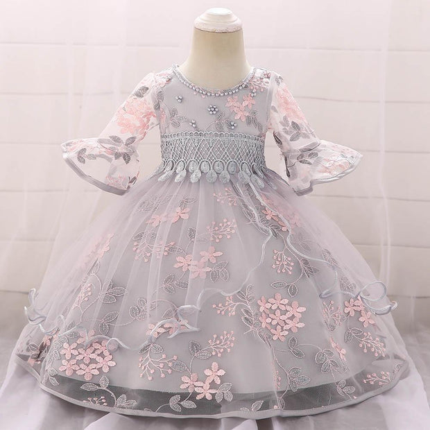 Baby Girl Embroidery Half Sleeve Spring Autumn Birthday Dresses - MomyMall Gray / 3M