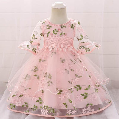 Baby Girl Embroidery Half Sleeve Spring Autumn Birthday Dresses - MomyMall Pink / 3M