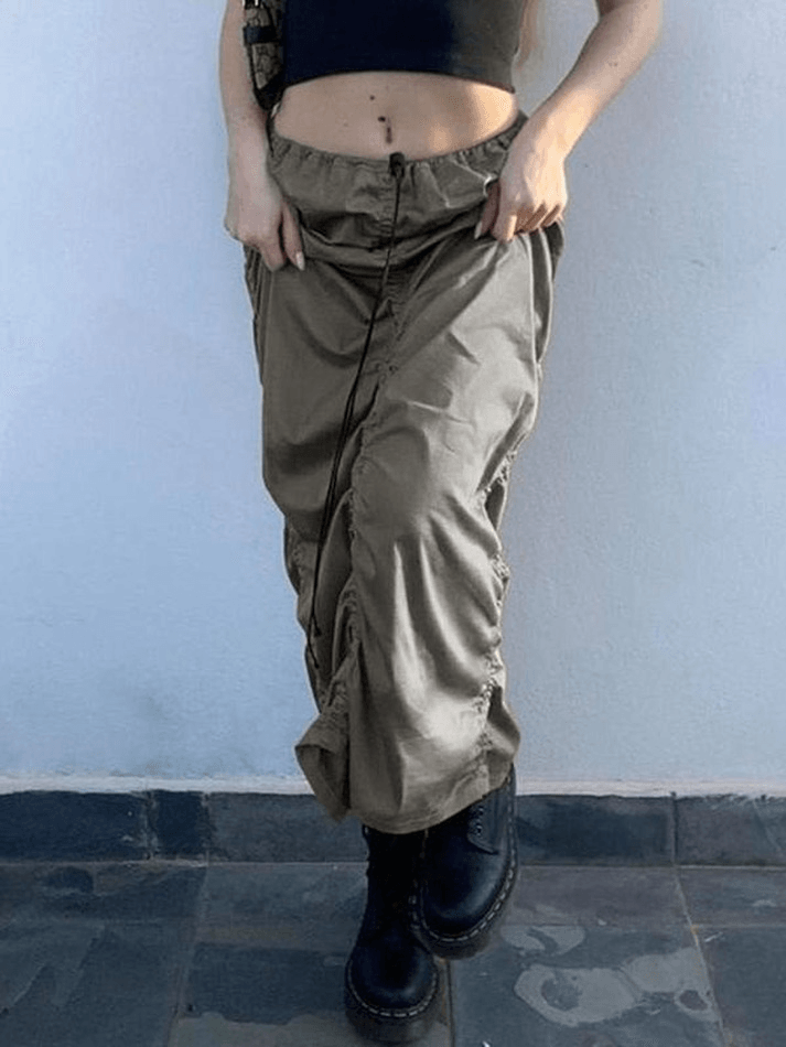 Ruched Low Waist Long Cargo Skirt