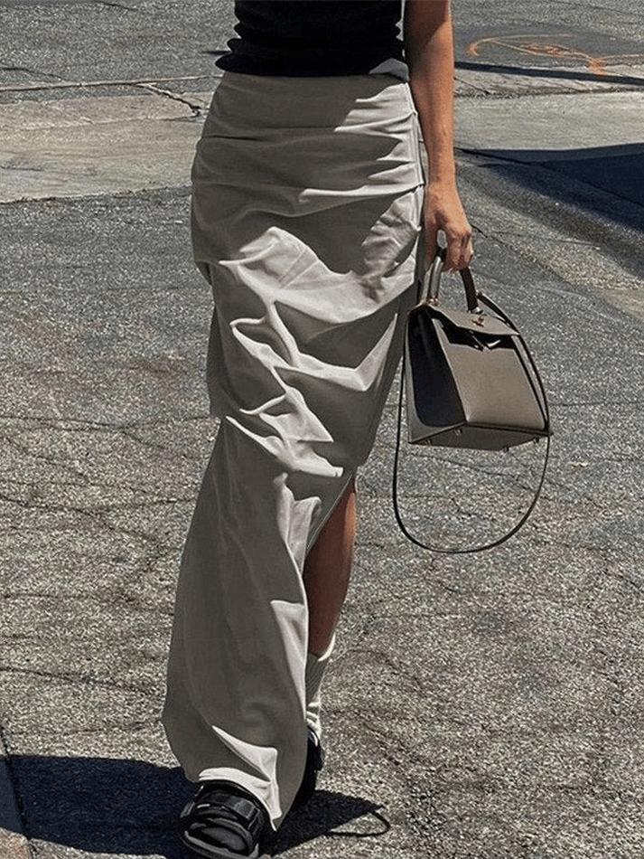 Ruched Split Y2K Long Skirt - MomyMall Khaki / S