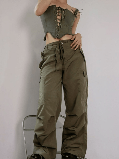 Ruched Vintage Baggy Cargo Pants - MomyMall Green / S