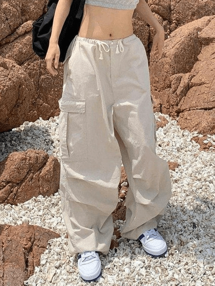 Ruched Y2K Baggy Parachute Pants - MomyMall Beige / S