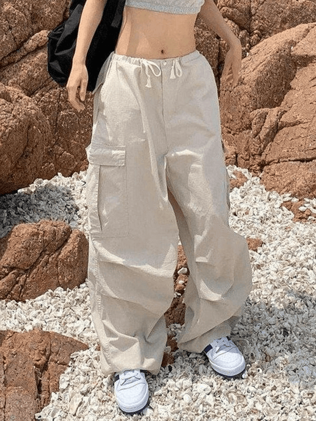 Ruched Y2K Baggy Parachute Pants - MomyMall Beige / S