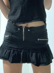 Ruffle Zip Up Denim Cargo Mini Skirt