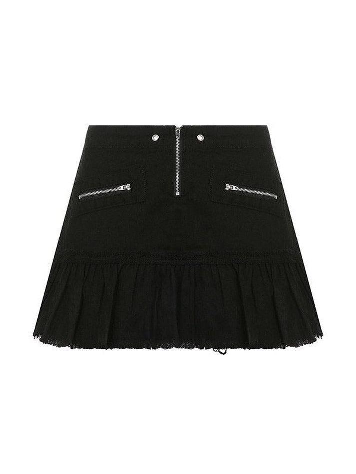 Ruffle Zip Up Denim Cargo Mini Skirt