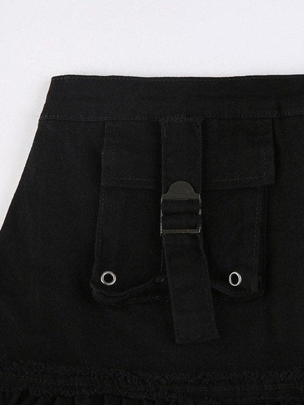 Rüschen-Jeans-Cargo-Minirock mit Reißverschluss