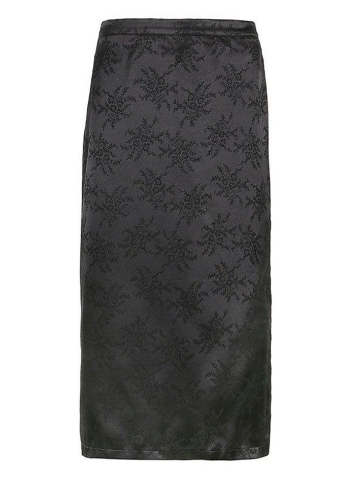 Satin Jacquard Slit Midi Skirt