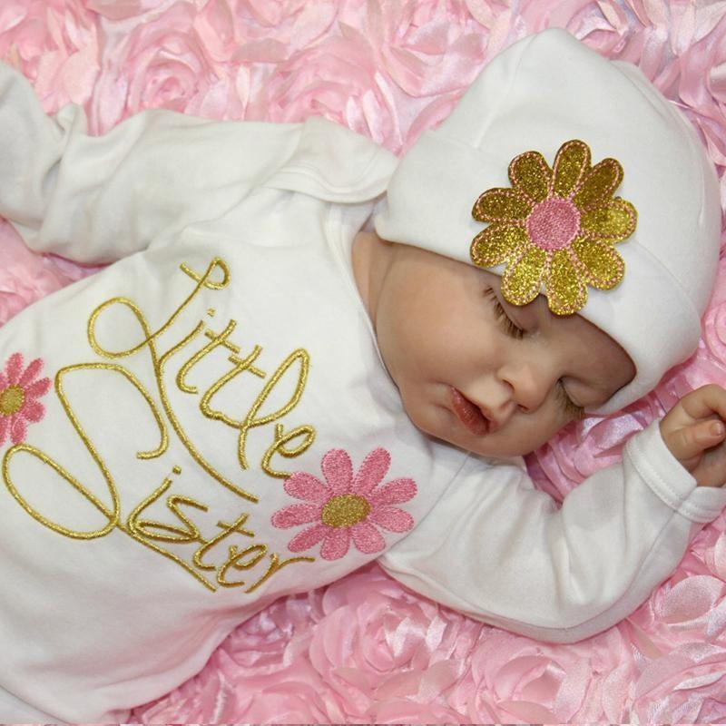 Baby NewBorn Little Sister Floral Print Pajamas and Hat - MomyMall