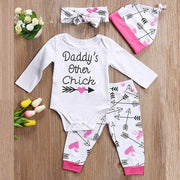 4 Pcs Newborn Baby Girl DADDY'S OTHER CHICK Print  Romper Outfit Pants Set +Hat+Headband