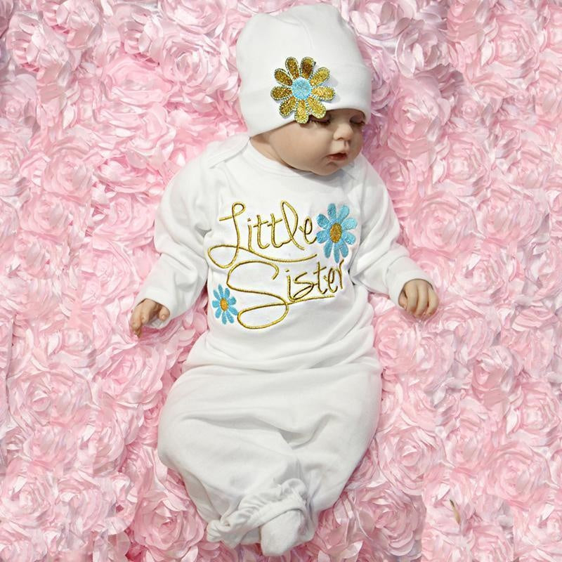 Baby NewBorn Little Sister Floral Print Pajamas and Hat - MomyMall