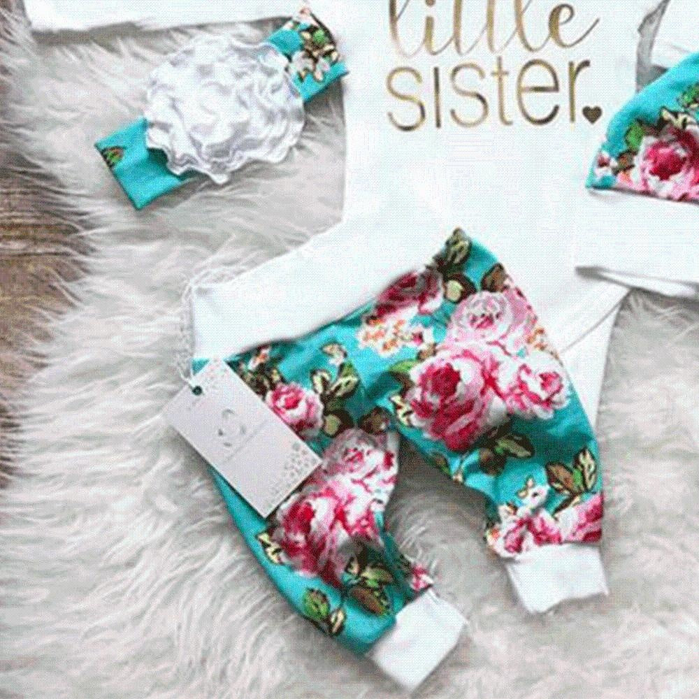 4pcs "Little Sister" Letter Printed Romper With Floral Printed Pants Baby Girl Set - MomyMall