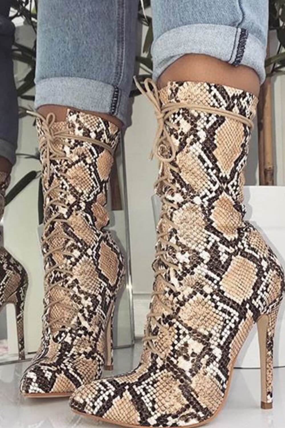 Tan Snake Lace Up Pointed Heeled Ankle Boots - MomyMall