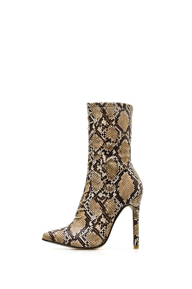Tan Snake Lace Up Pointed Heeled Ankle Boots - MomyMall