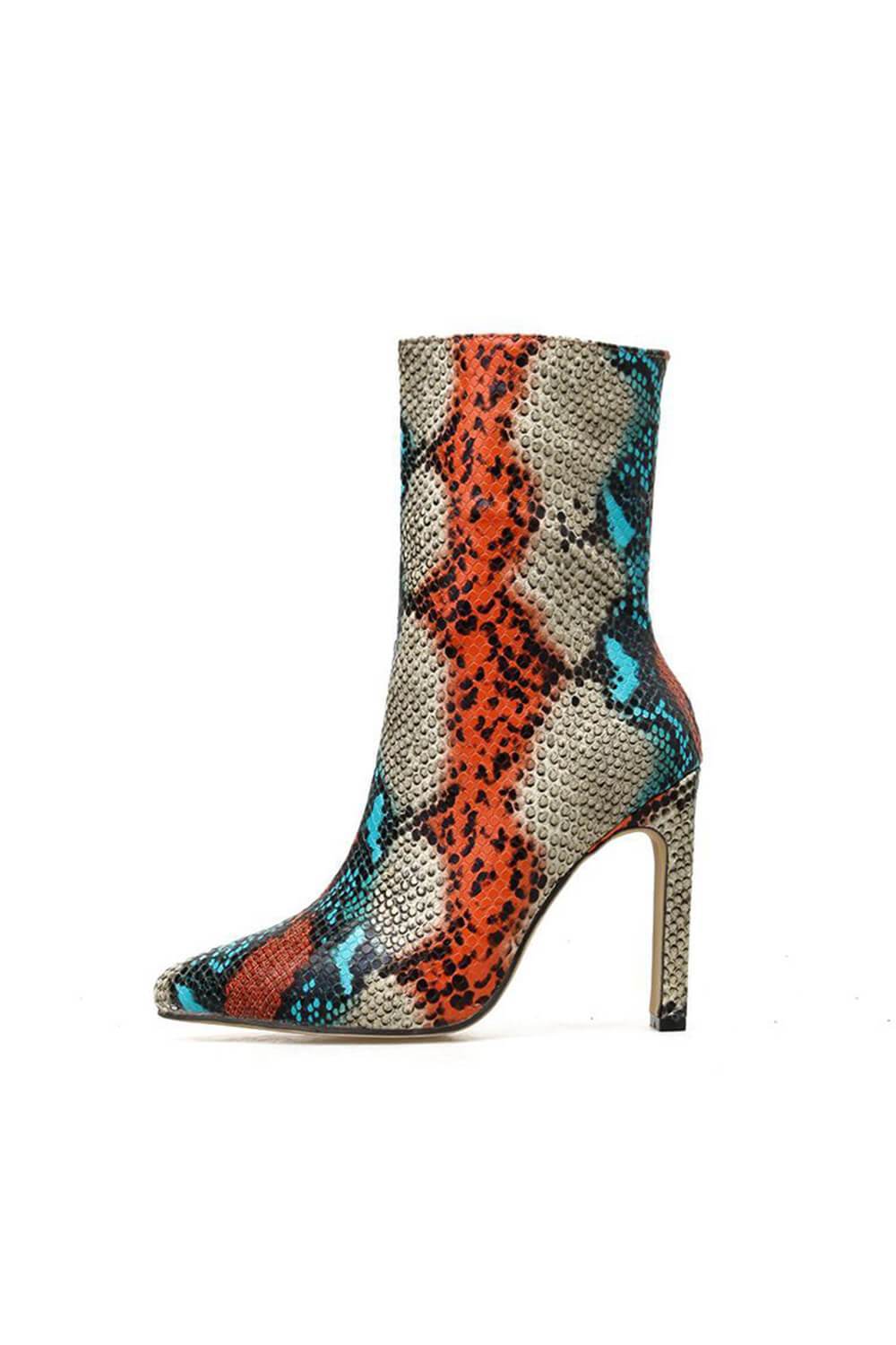 Multi Snakeskin Slim Block Heel Ankle Boots - MomyMall