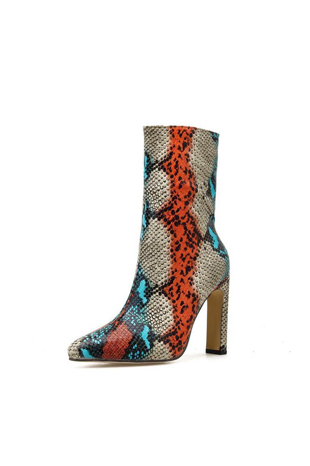 Multi Snakeskin Slim Block Heel Ankle Boots - MomyMall