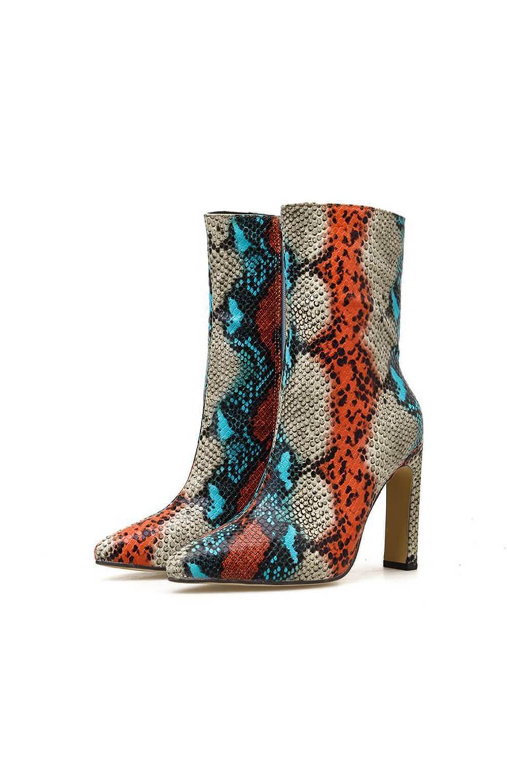 Multi Snakeskin Slim Block Heel Ankle Boots - MomyMall