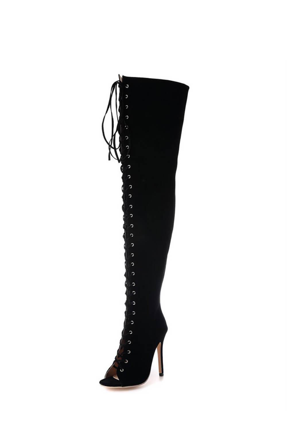 Black Suede Lace Up Peep Toe Thigh High Boots