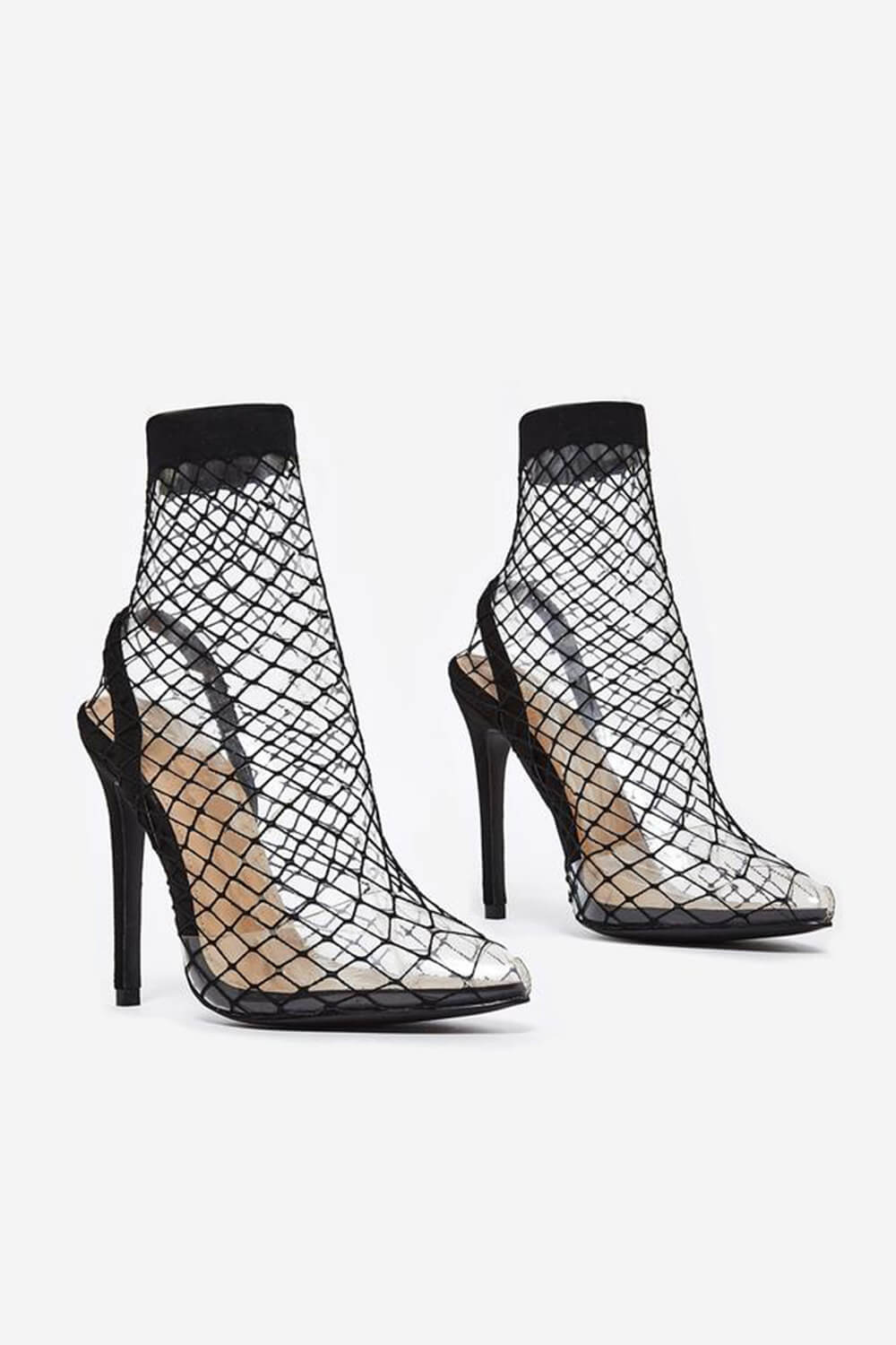 Black Clear Perspex Fishnet Ankle Sock Heels