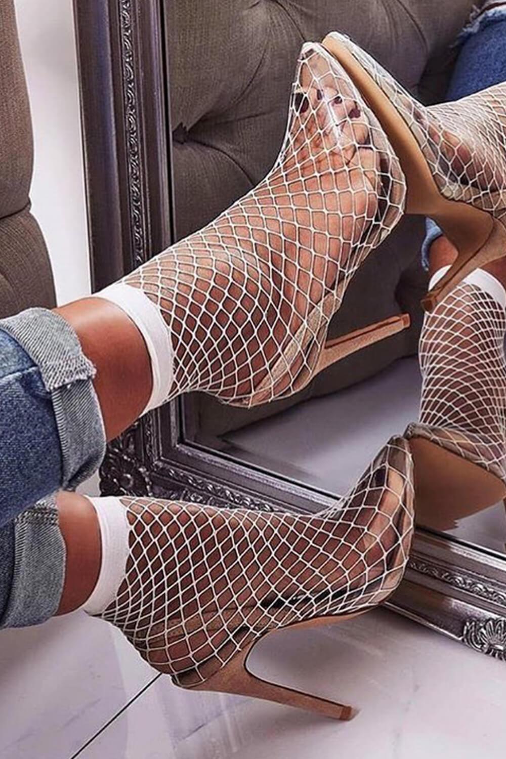 Nude Clear Perspex Fishnet Ankle Sock Heels - MomyMall