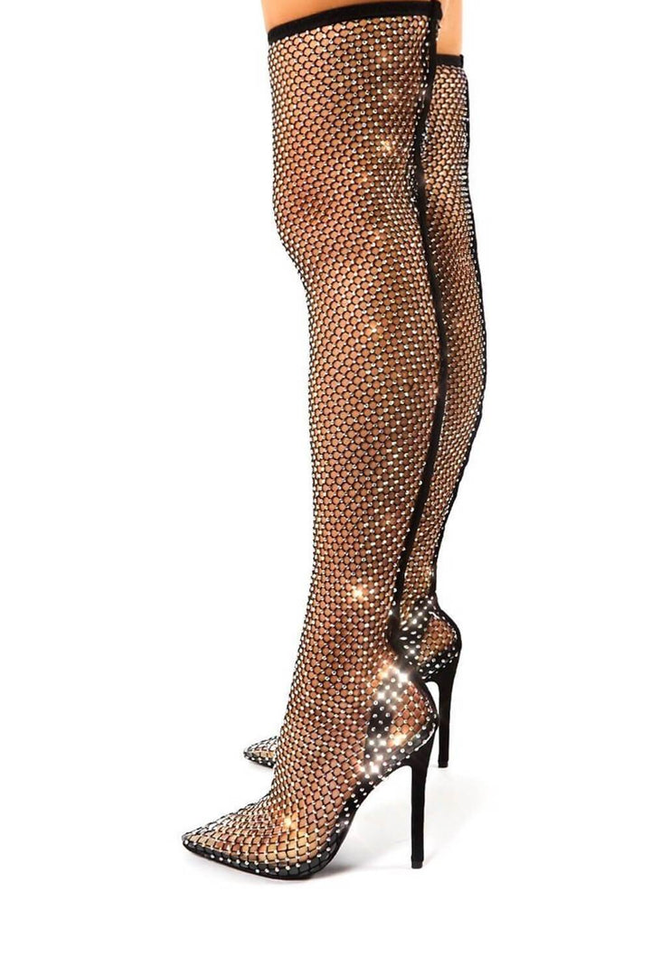 Black Diamante Fishnet Over The Knee Thigh High Long Sock Boots - MomyMall