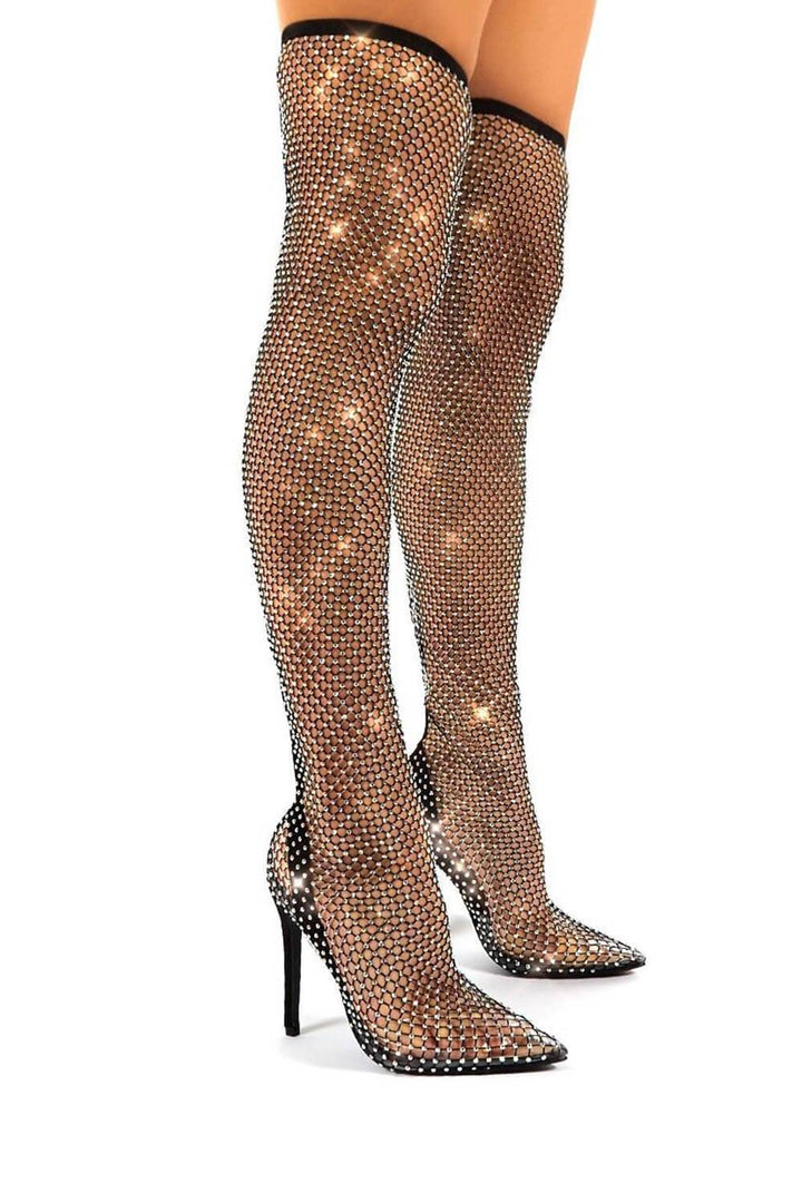 Black Diamante Fishnet Over The Knee Thigh High Long Sock Boots - MomyMall