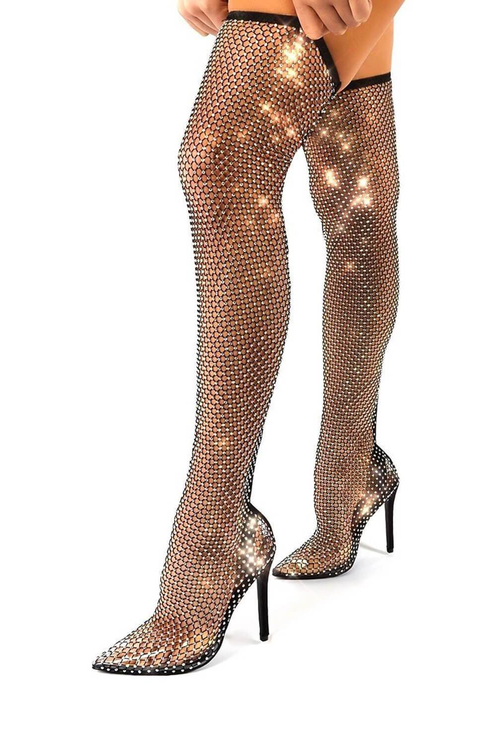 Black Diamante Fishnet Over The Knee Thigh High Long Sock Boots - MomyMall