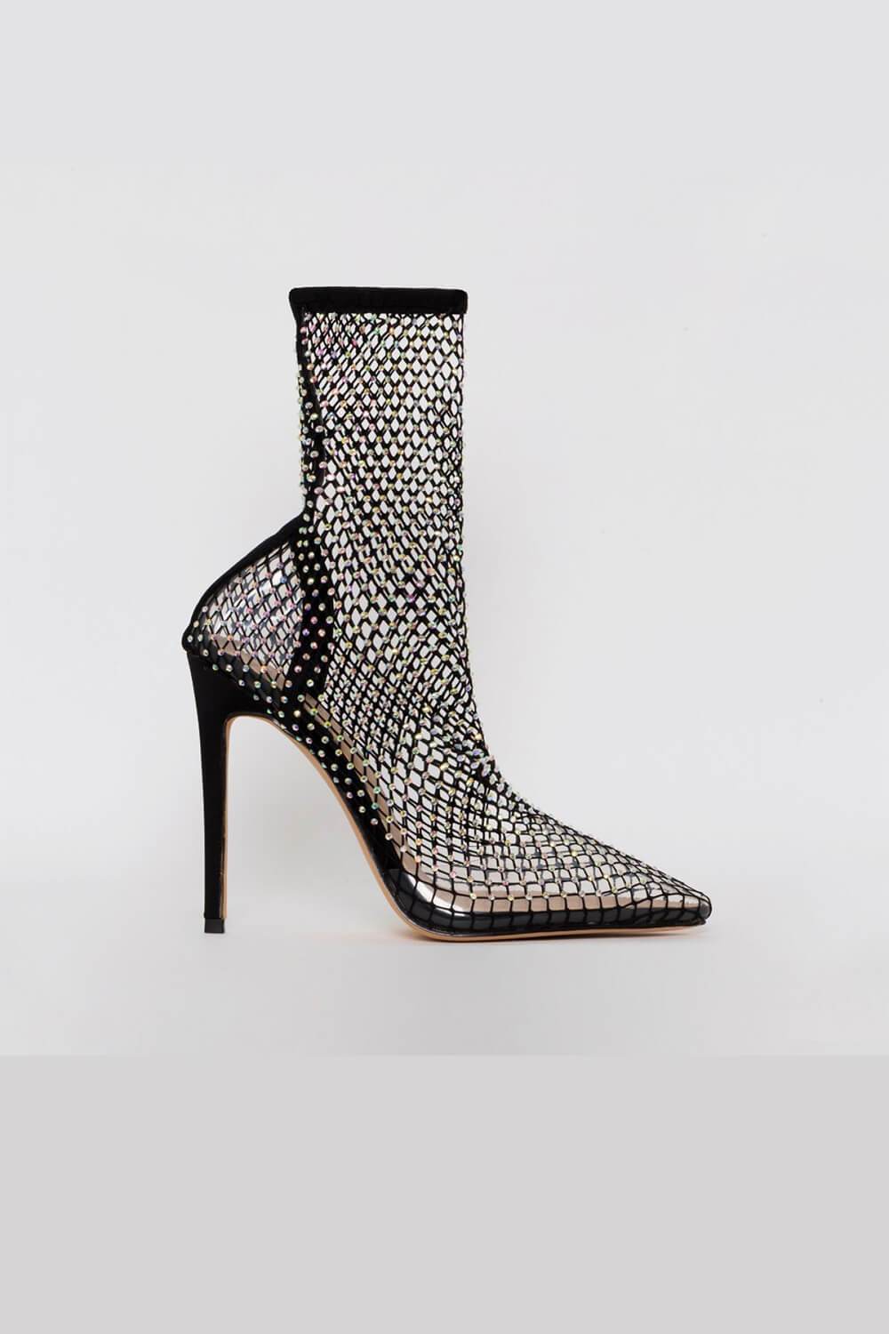 Bottines noires à talons chaussettes en résille à strass