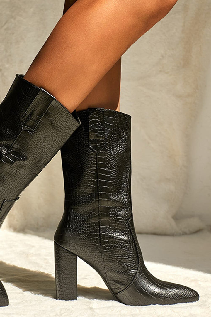 Black Croc Print Block Heel Mid Calf Boots - MomyMall