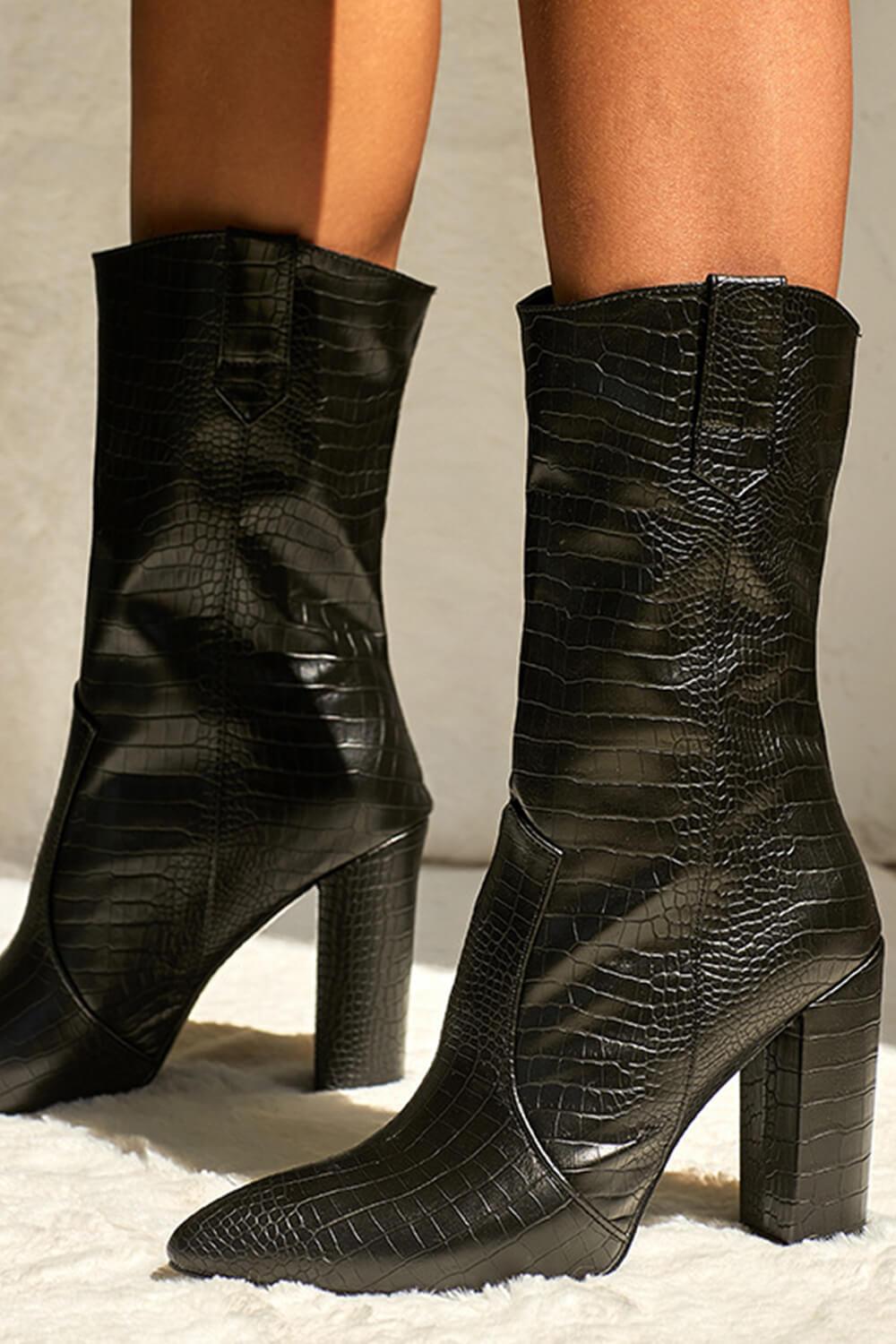 Black Croc Print Block Heel Mid Calf Boots - MomyMall