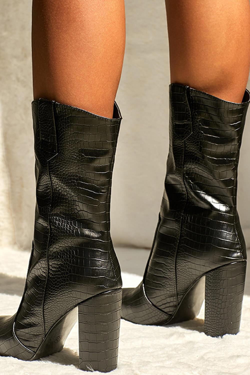 Black Croc Print Block Heel Mid Calf Boots - MomyMall