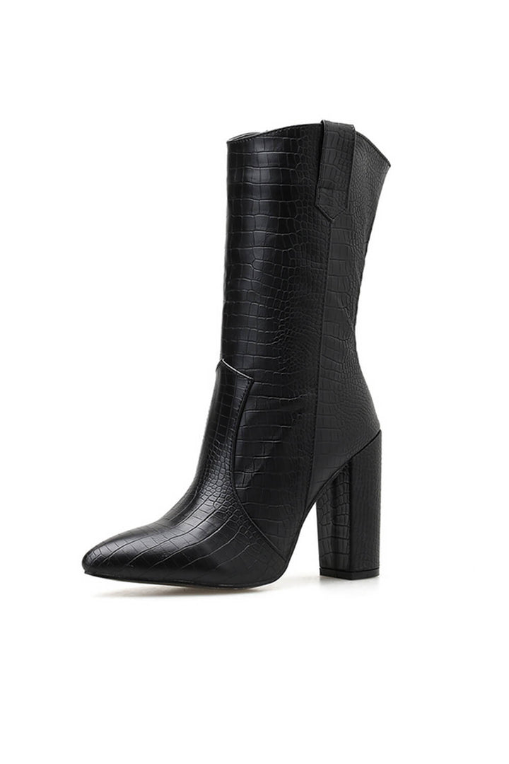 Black Croc Print Block Heel Mid Calf Boots - MomyMall