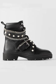 Black Pearl And Metal Buckle Detail Chain Lace-Up Ankle Moto Boots - MomyMall