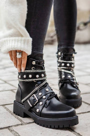 Black Pearl And Metal Buckle Detail Chain Lace-Up Ankle Moto Boots - MomyMall