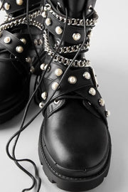 Black Pearl And Metal Buckle Detail Chain Lace-Up Ankle Moto Boots - MomyMall