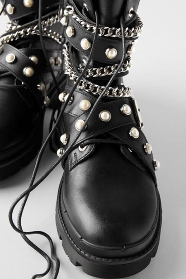 Black Pearl And Metal Buckle Detail Chain Lace-Up Ankle Moto Boots - MomyMall