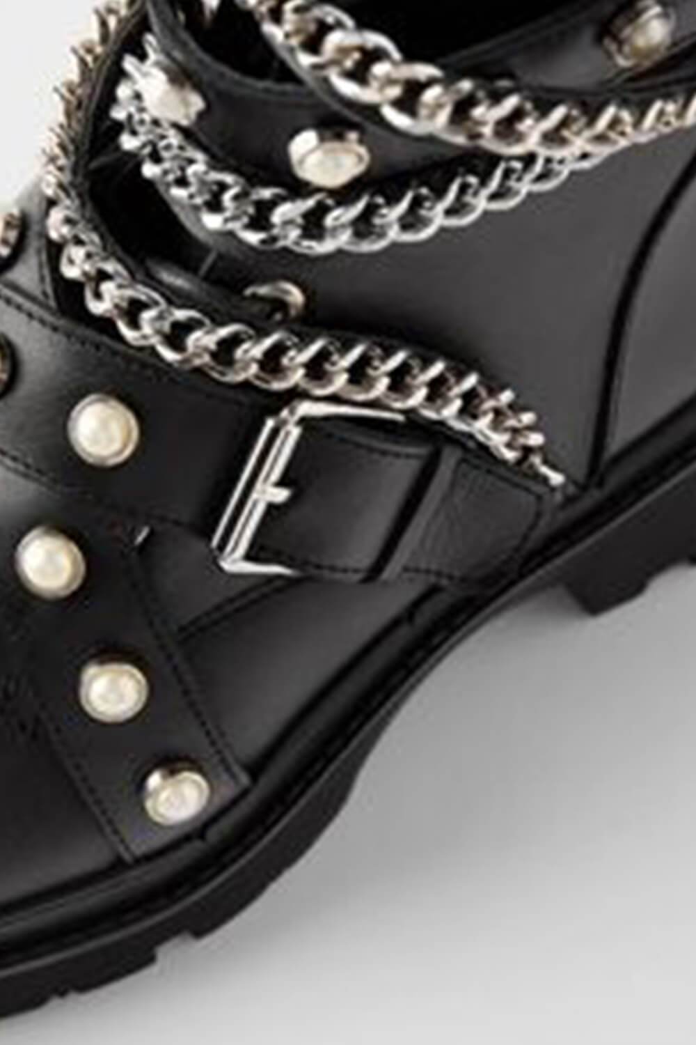 Black Pearl And Metal Buckle Detail Chain Lace-Up Ankle Moto Boots - MomyMall