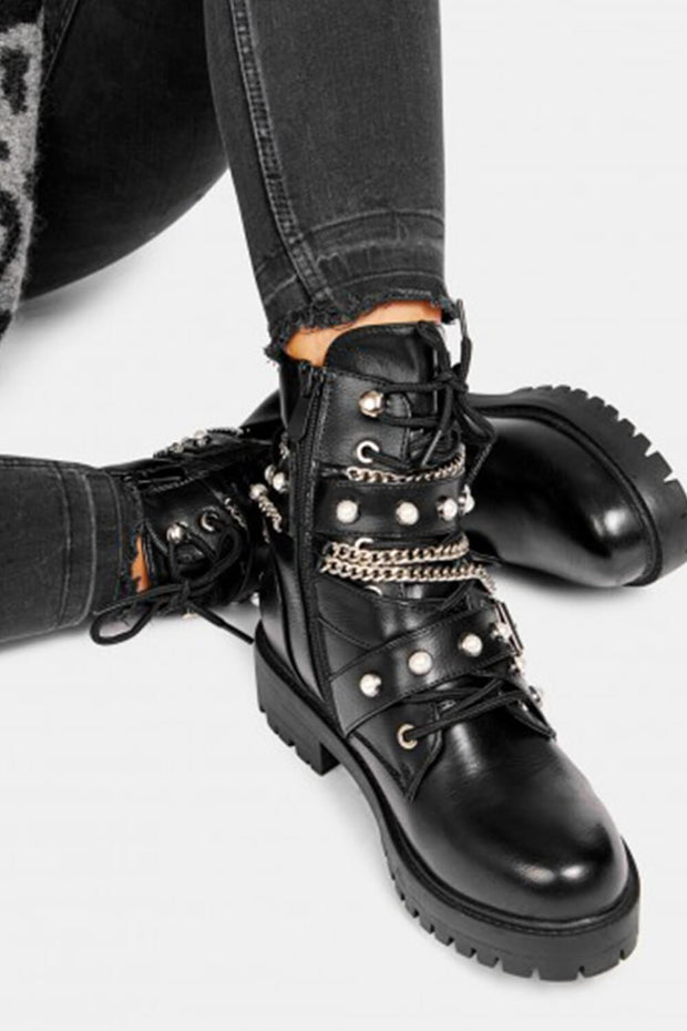 Black Pearl And Metal Buckle Detail Chain Lace-Up Ankle Moto Boots - MomyMall