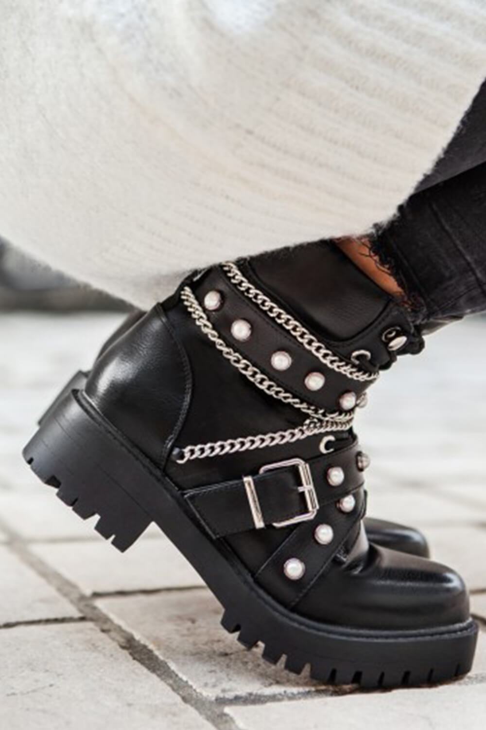 Black Pearl And Metal Buckle Detail Chain Lace-Up Ankle Moto Boots - MomyMall