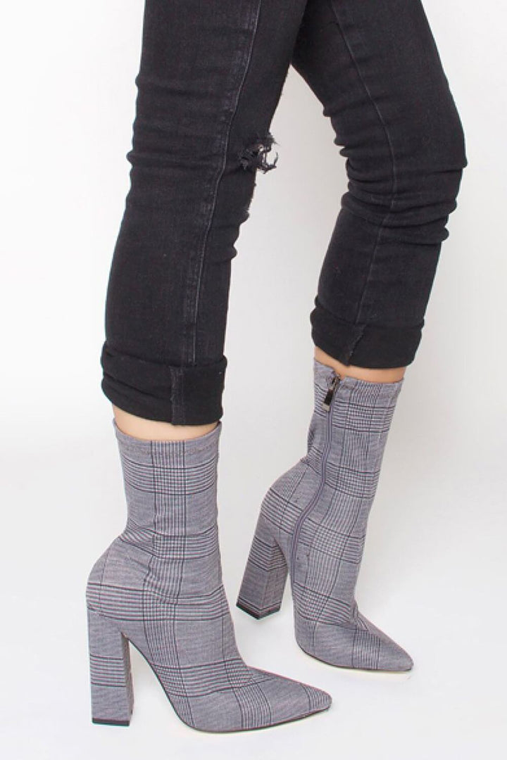 Gwen Grey Check Block Heel Ankle Boots - MomyMall