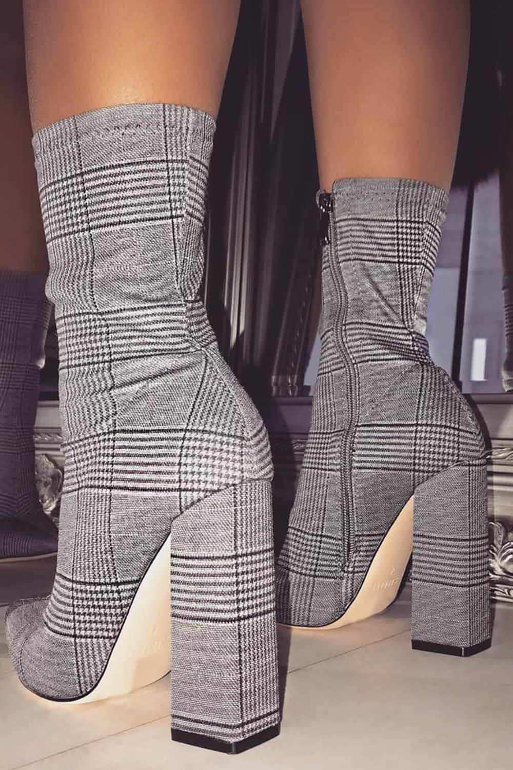 Gwen Grey Check Block Heel Ankle Boots - MomyMall