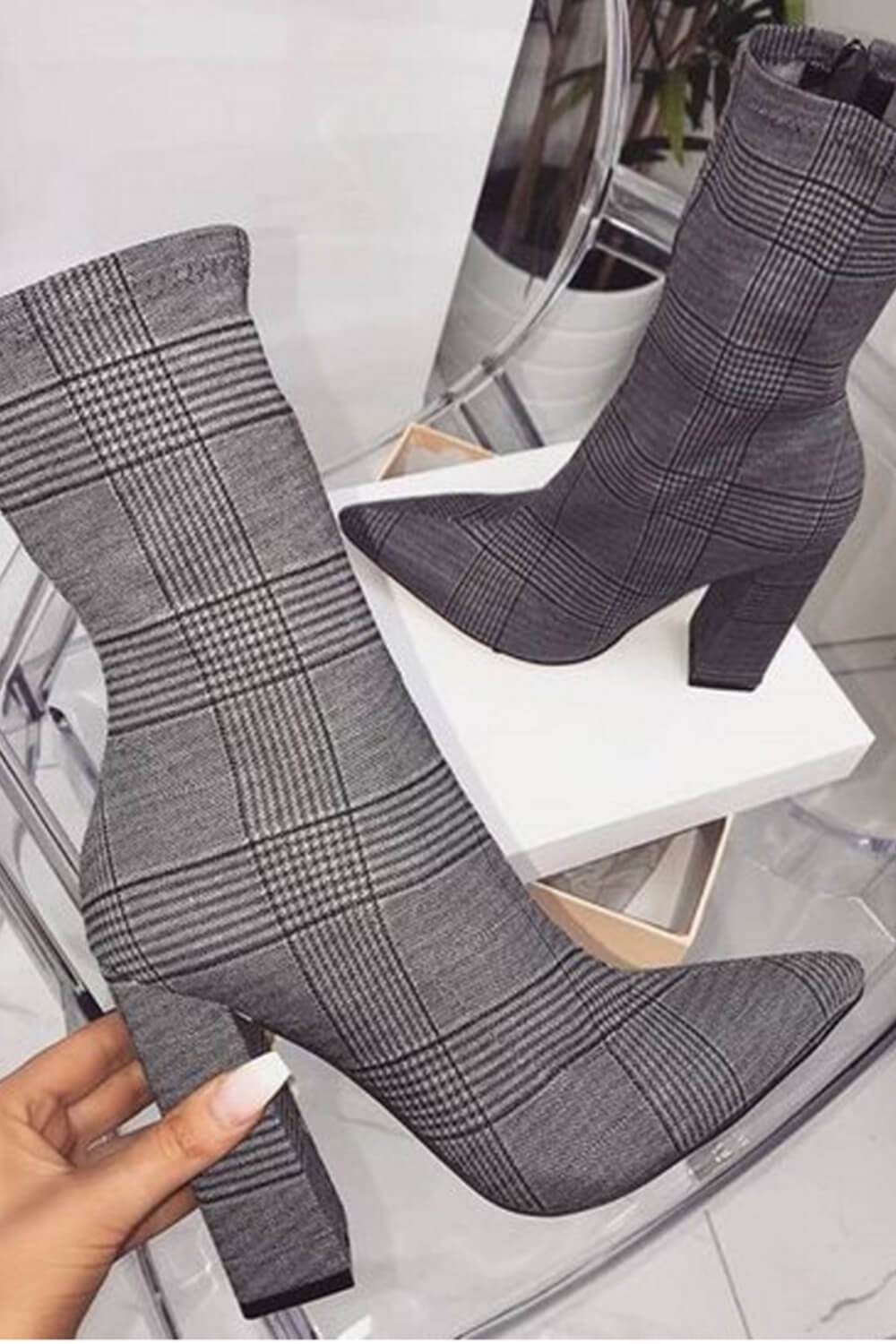 Gwen Grey Check Block Heel Ankle Boots - MomyMall