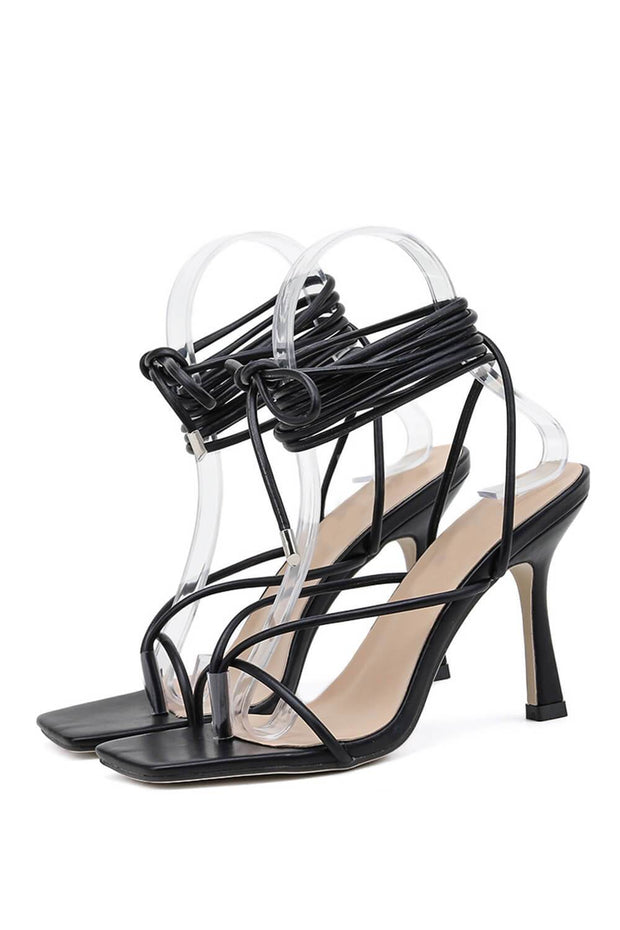 Black Faux Leather Strappy Lace Up Square Toe Heels