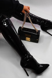 Black Patent Stiletto Heeled Over The Knee Pu Boot - MomyMall