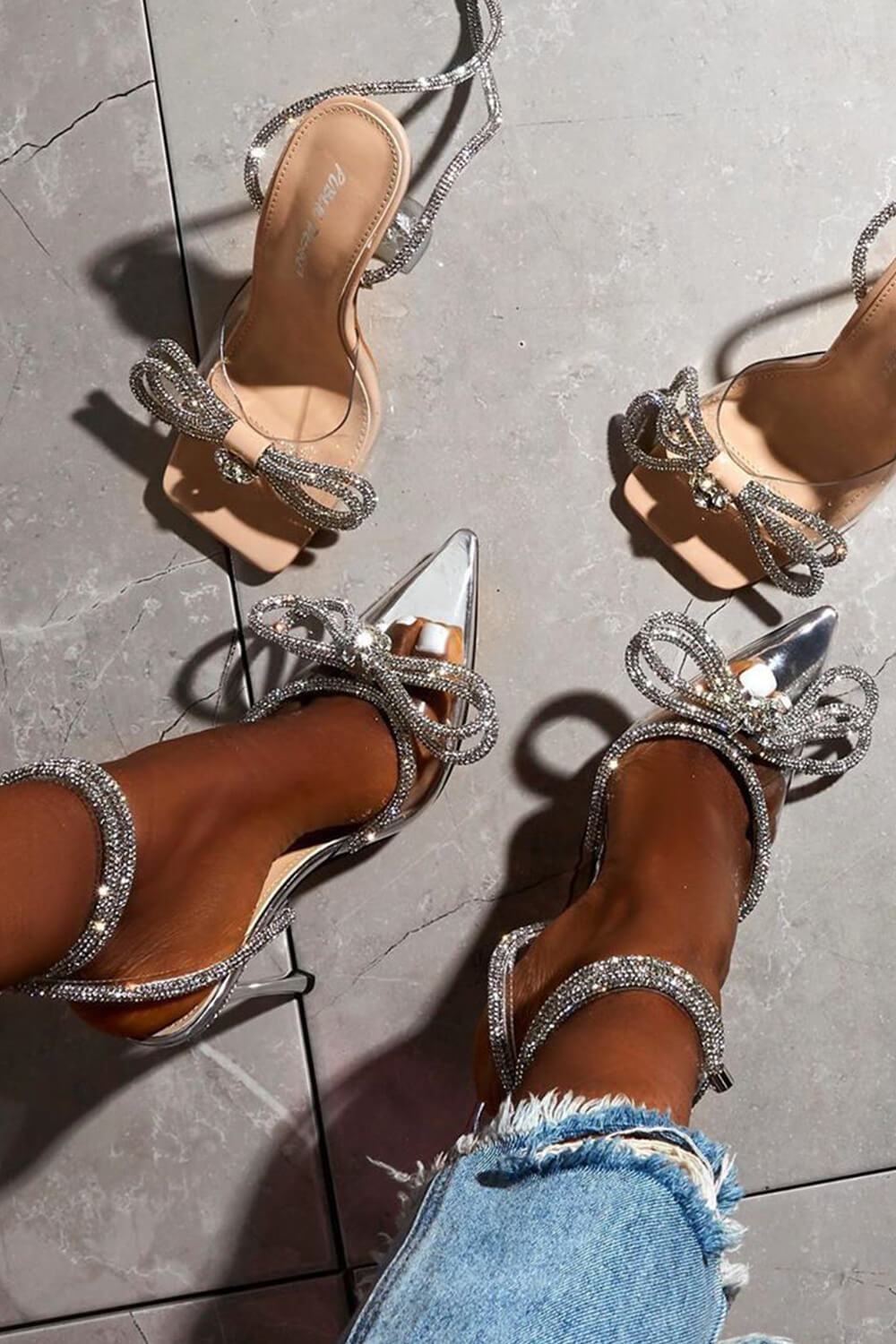 Clear Perspex Wrap Around Diamante Bow High Heel - MomyMall