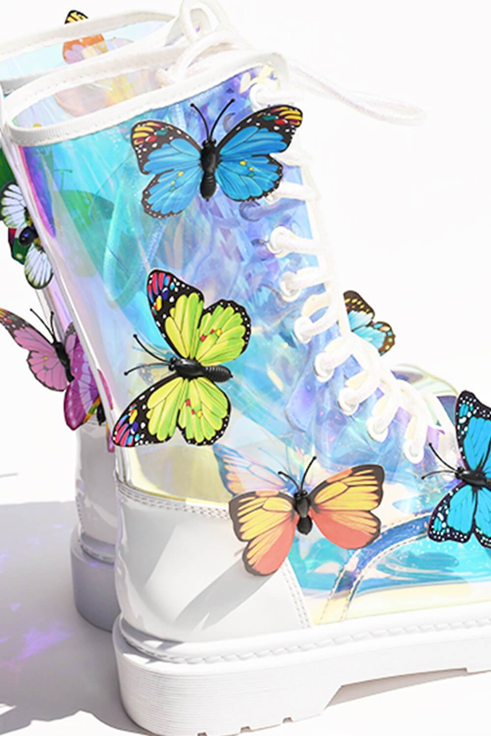 Clear Iridescent Butterfly Lace Up Mid-Calf Flat Boots - MomyMall