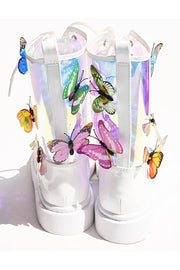 Clear Iridescent Butterfly Lace Up Mid-Calf Flat Boots - MomyMall