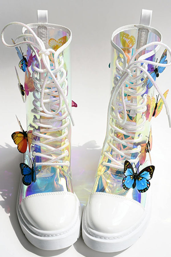 Clear Iridescent Butterfly Lace Up Mid-Calf Flat Boots - MomyMall