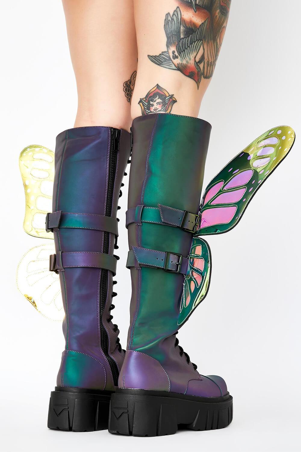 Holographic Rainbow Reflective Lace Up Knee High Combat Boots With Butterfly Wings - MomyMall