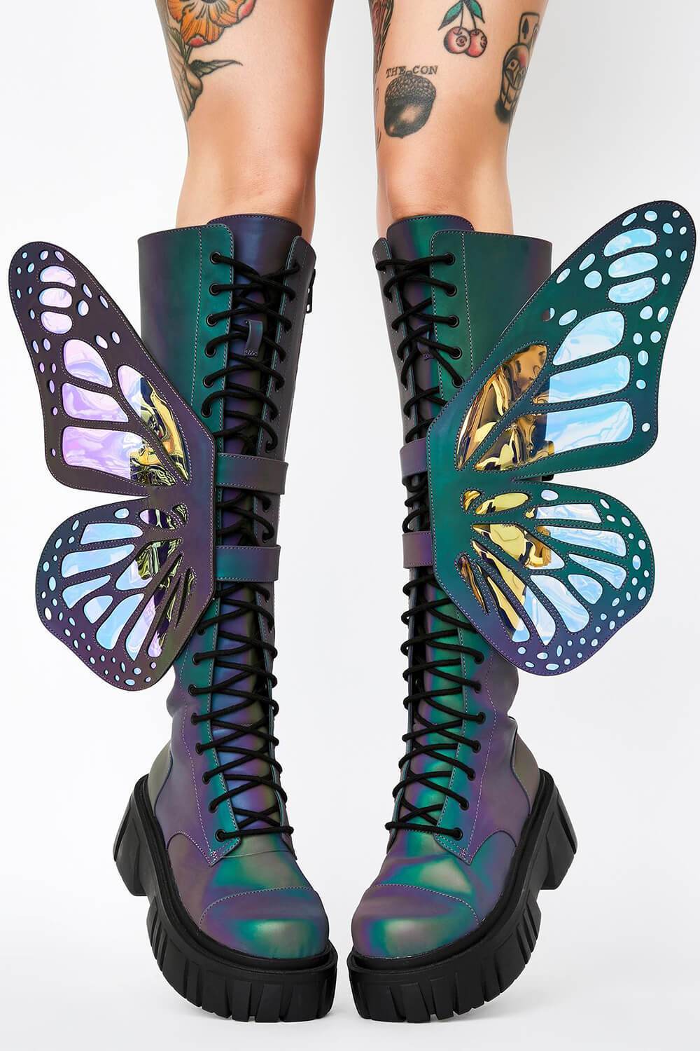 Holographic Rainbow Reflective Lace Up Knee High Combat Boots With Butterfly Wings - MomyMall