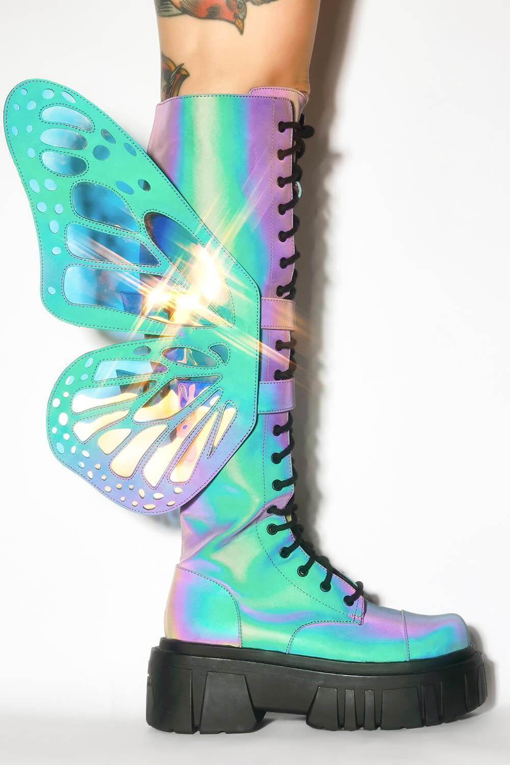 Holographic Rainbow Reflective Lace Up Knee High Combat Boots With Butterfly Wings - MomyMall